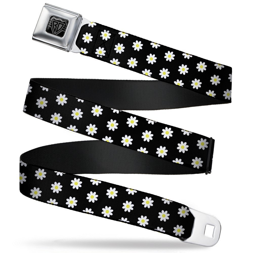 7957 Belt, Seatbelt Buckle Belt, Daisies Scattered Black White Yellow, 24